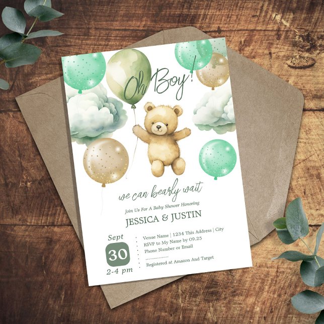 Invitación Teddy Bear Balloons Green Baby Shower (Subido por el creador)