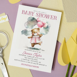 Invitación Teddy Bear Balloons Nubes Girly Baby Shower