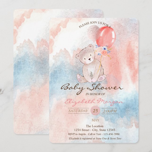 Invitación Teddy Bear Balloons Watercolor Baby Shower (Anverso / Reverso)