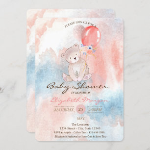 Invitación Teddy Bear Balloons Watercolor Baby Shower