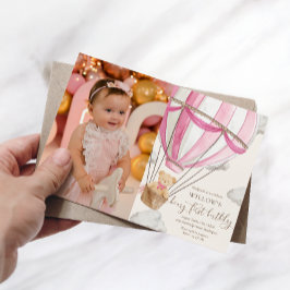 Invitación Teddy Bear Balón de pelo caliente Primer cumpleaño