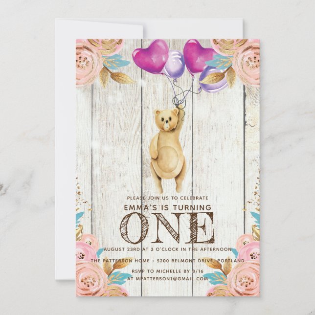 Invitación Teddy Bear Balón Primer Cumpleaños Rústico (Anverso)