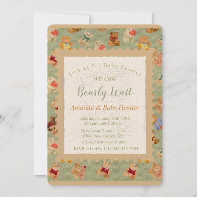 Invitación Teddy Bear Bearly Wait Baby Shower (Anverso)