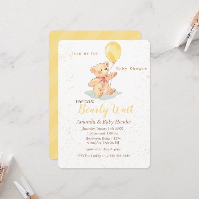Invitación Teddy Bear Bearly Wait Baby Shower (Anverso/Reverso In Situ)
