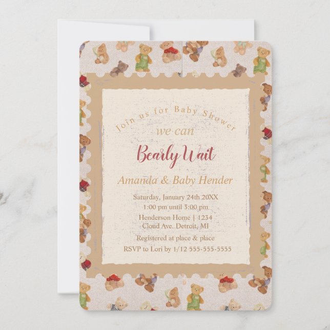 Invitación Teddy Bear Bearly Wait Baby Shower (Anverso)