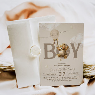 Invitación Teddy Bear Bearly Wait Balloon Baby Boy Shower Inv