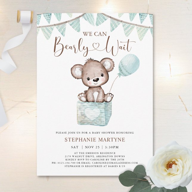 Invitación Teddy Bear Bearly Wait Blue Balloon Baby Shower In (Subido por el creador)