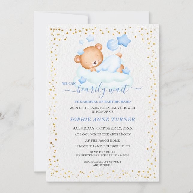 Invitación Teddy Bear Bearly Wait Boy Baby Shower (Anverso)