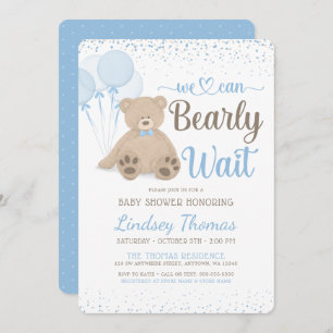 Invitación Teddy Bear Bearly Wait Confetti Boy Baby Shower