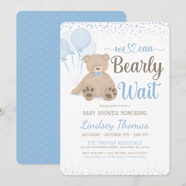 Invitación Teddy Bear Bearly Wait Confetti Boy Baby Shower (Anverso / Reverso)