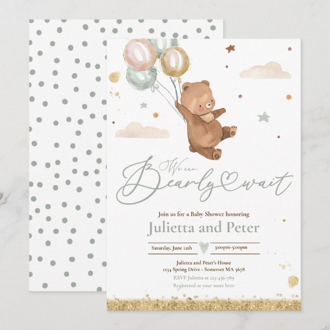 Invitación Teddy Bear Bearly Wait Género Neutral Baby Shower (Anverso / Reverso)