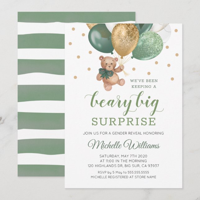 Invitación Teddy Bear Beary Big Surprise Revelación de Género (Anverso / Reverso)