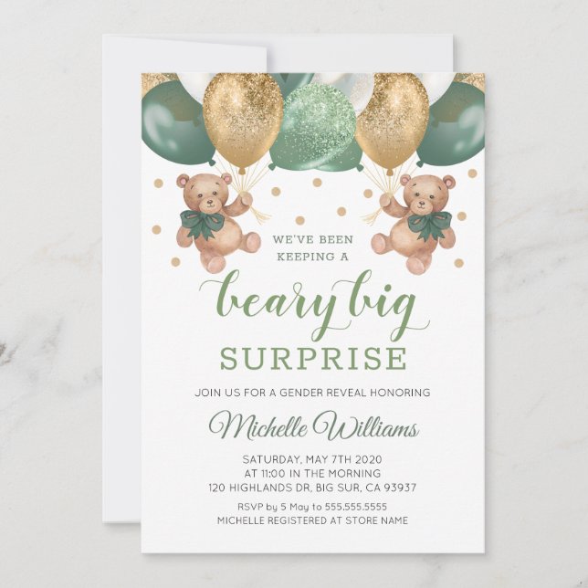 Invitación Teddy Bear Beary Big Surprise Twins Revelación de  (Anverso)