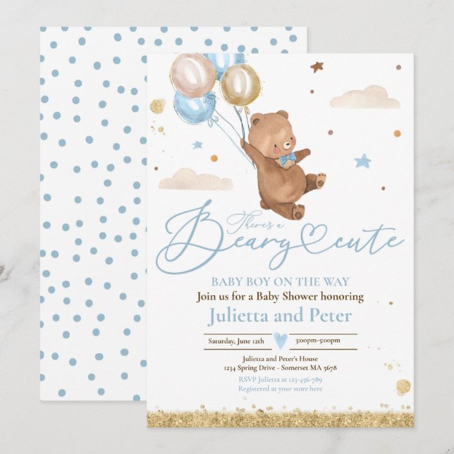 Invitación Teddy Bear Beary Cute Baby Boy Blue Baby Shower (Anverso / Reverso)
