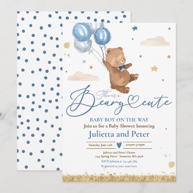 Invitación Teddy Bear Beary Cute Baby Boy Blue Baby Shower (Anverso / Reverso)