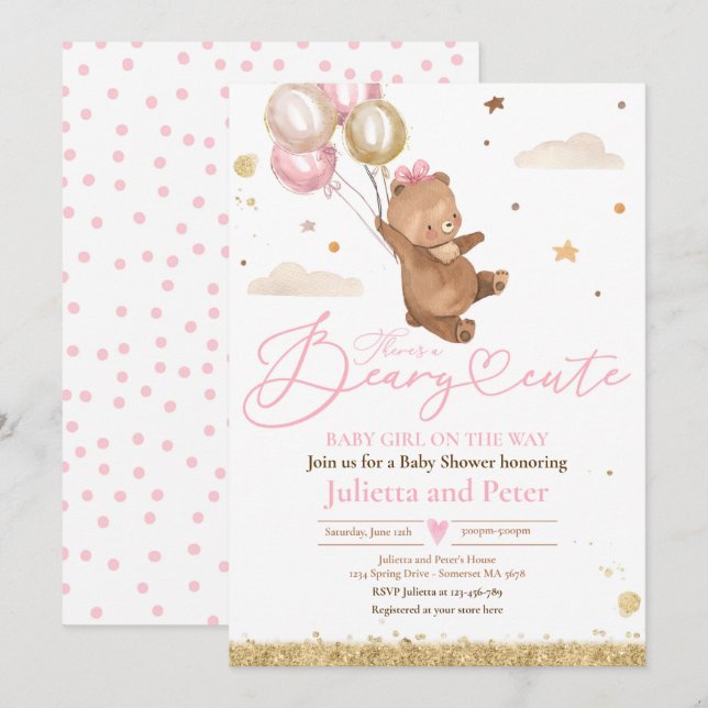 Invitación Teddy Bear Beary Cute Baby Girl On Way (Anverso / Reverso)