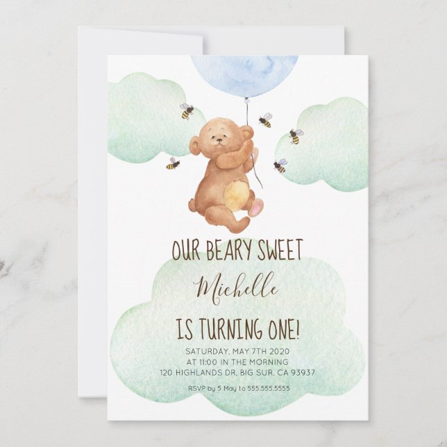 Invitación Teddy Bear Bees Beary Sweet Baby 1er cumpleaños (Anverso)