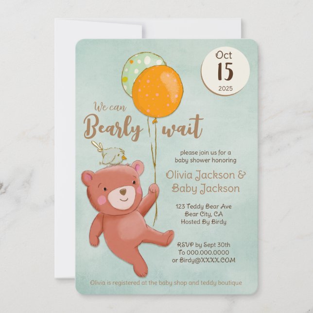 Invitación Teddy Bear, Bird and Balloons Baby Shower (Anverso)