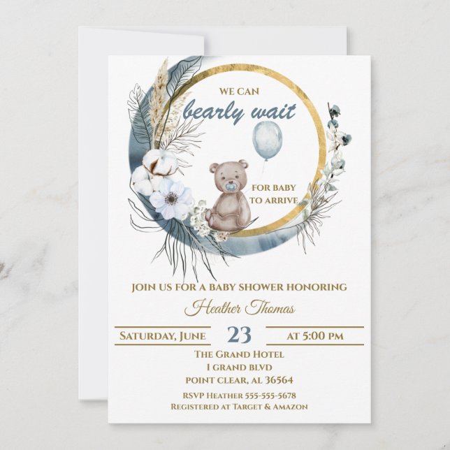 Invitación Teddy Bear Blue Balloon Baby Shower (Anverso)