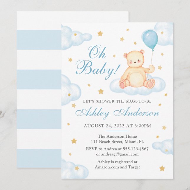 Invitación Teddy Bear Blue Balloon Baby Shower (Anverso / Reverso)