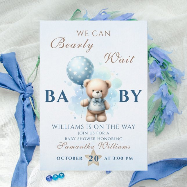 Invitación Teddy Bear Blue Balloon Baby Shower Bearly (Subido por el creador)