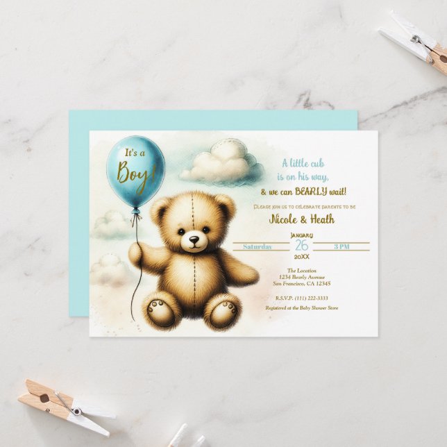 Invitación Teddy Bear Blue Balloon Bearly Wait Baby Shower (Anverso/Reverso In Situ)