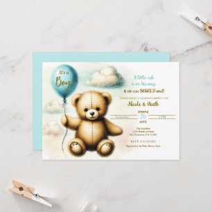 Invitación Teddy Bear Blue Balloon Bearly Wait Baby Shower