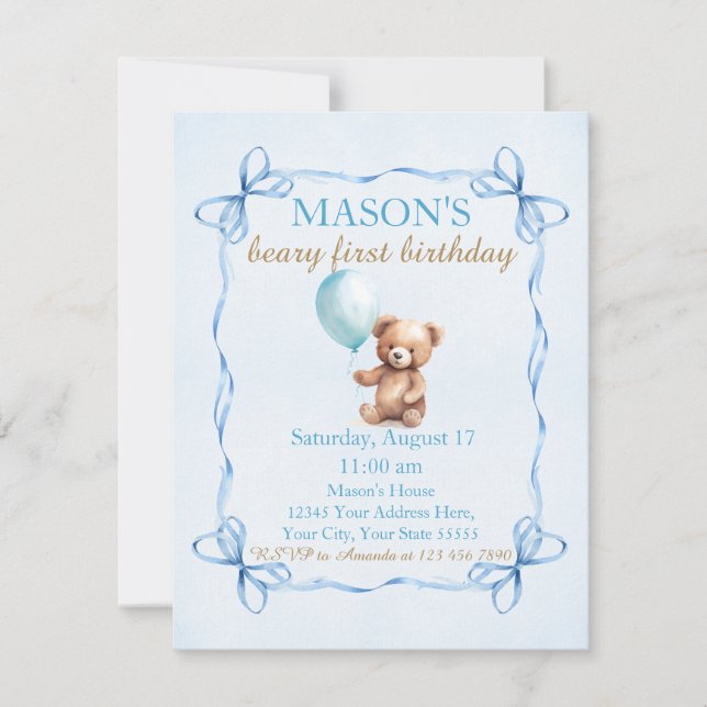 Invitación Teddy Bear Blue Balloon Beary First Birday (Anverso)