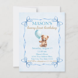 Invitación Teddy Bear Blue Balloon Beary First Birday
