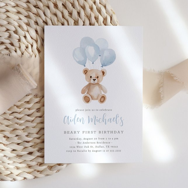 Invitación Teddy Bear Blue Balloon Beary First Birday (Subido por el creador)