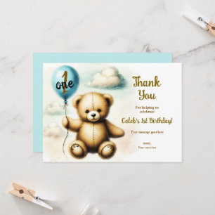Invitación Teddy Bear Blue Balloon Birday Gracias