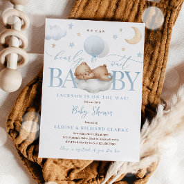 Invitación Teddy Bear Blue Balloon Clouds & Stars Baby Shower