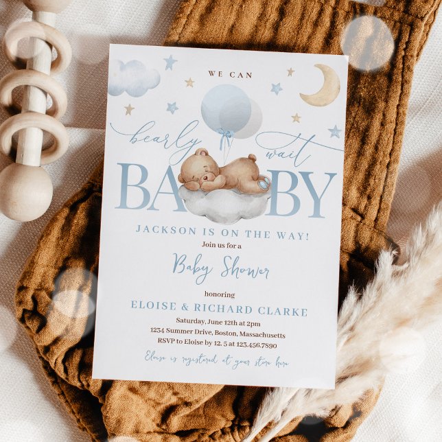 Invitación Teddy Bear Blue Balloon Clouds & Stars Baby Shower (Subido por el creador)