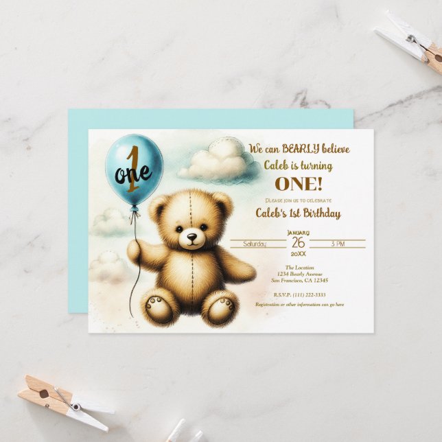 Invitación Teddy Bear Blue Balloon Fiesta de cumpleaños 1 (Anverso/Reverso In Situ)