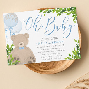 Invitación Teddy Bear Blue Balloon Greenery Boy Baby Shower