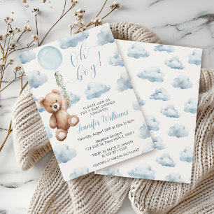 Invitación Teddy Bear Blue Balloon Oh Boy Baby Shower