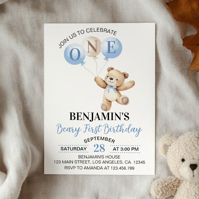 Invitación Teddy Bear Blue Balloons Beary First Birday (Subido por el creador)