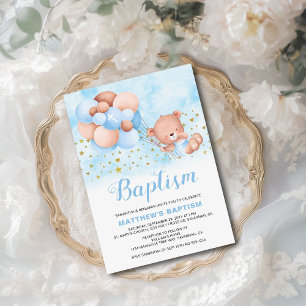 Invitación Teddy Bear Blue Balloons Gold Stars Bautismo