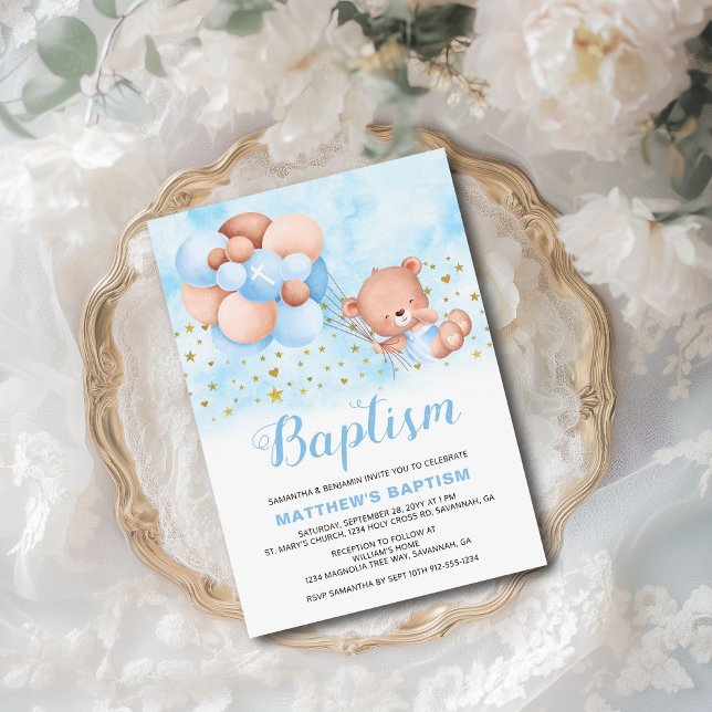 Invitación Teddy Bear Blue Balloons Gold Stars Bautismo (This cute baptism invite for boys features an adorable teddy bear being whisked away by balloons.)