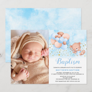 Invitación Teddy Bear Blue Balloons Gold Stars Foto Bautismo