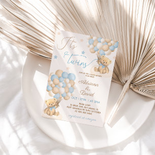 Invitación Teddy Bear Blue Balloons Twins Boys Baby Shower