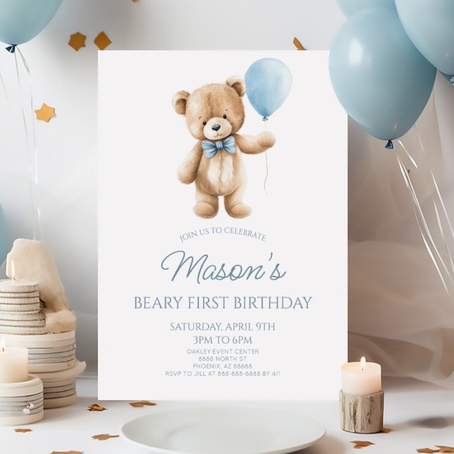 Invitación Teddy Bear Blue Beary First 1st Birthday Party (Subido por el creador)