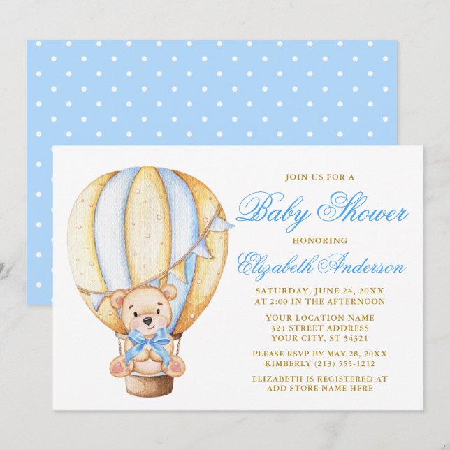 Invitación Teddy Bear Blue Bow Air Balloon Dots Baby Shower (Anverso / Reverso)