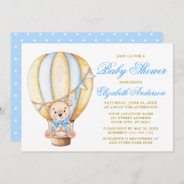 Invitación Teddy Bear Blue Bow Air Balloon Dots Baby Shower