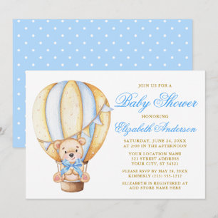 Invitación Teddy Bear Blue Bow Air Balloon Dots Baby Shower