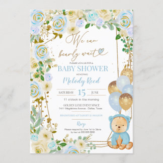 Invitación Teddy Bear Blue Floral Balloons Boy Baby Shower