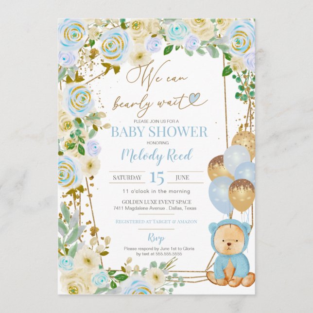 Invitación Teddy Bear Blue Floral Balloons Boy Baby Shower (Anverso)