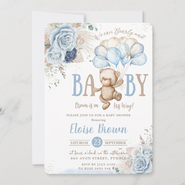 Invitación Teddy Bear Blue Floral Pampas Grasa Baby Shower (Anverso)
