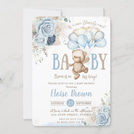 Invitación Teddy Bear Blue Floral Pampas Grasa Baby Shower