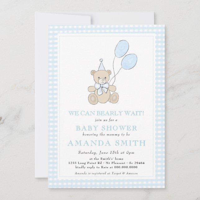 Invitación Teddy Bear Blue Gingham Boy Baby Shower (Anverso)